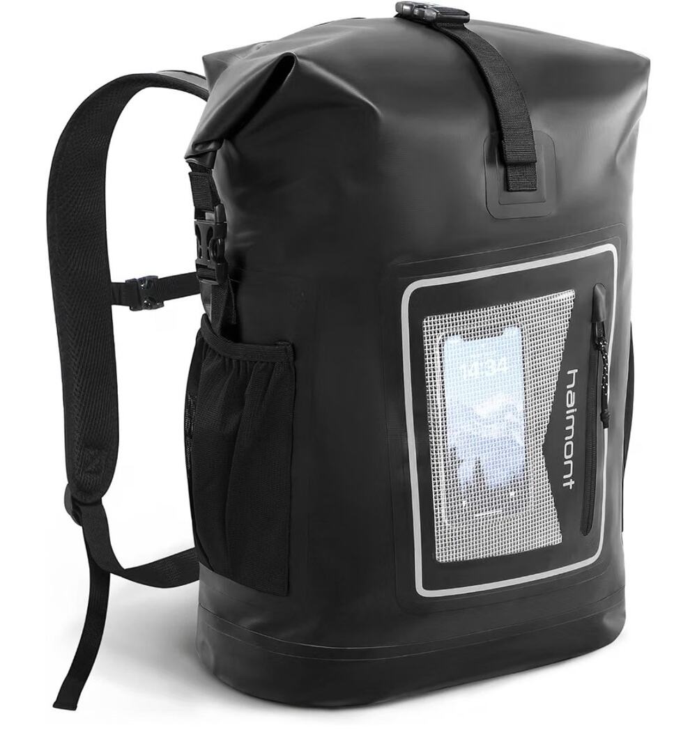 Waterproof Black Backpack 30 L w/front zip pocket and sides for water bottle New